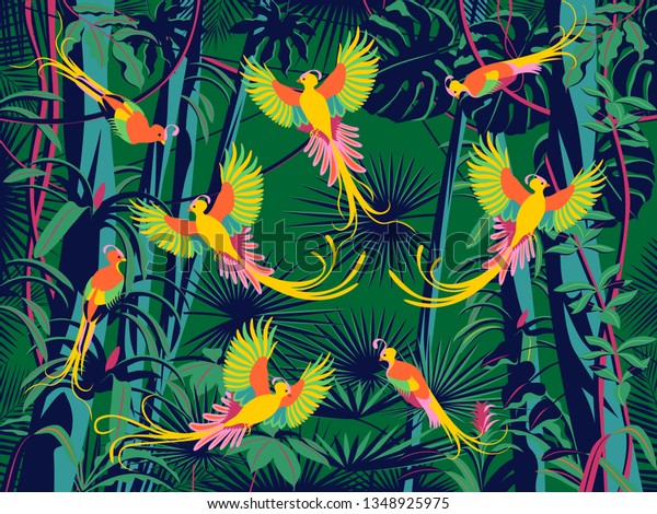 Birds of paradise fly\
in the flowering rainforest. Handmade drawing vector illustration.\
Pop art style.