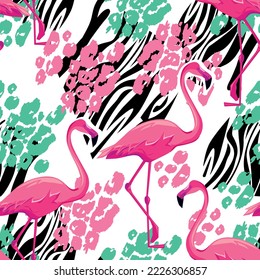 Birds of paradise Hand drawn Flamingo seamless pattern zebra skin and leopard spots background vector illustration