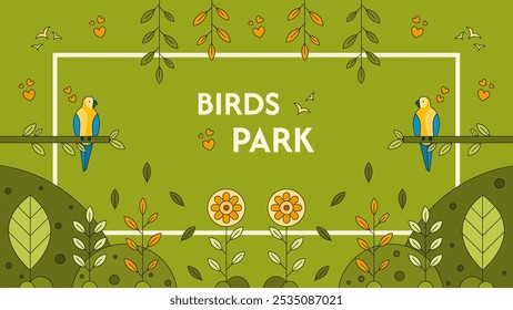 Birds park background design with birds flowers hearts branches and leaves Vector illustration