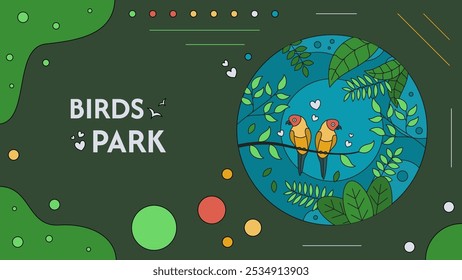 Birds park background design with birds and leaves. Vector illustration.