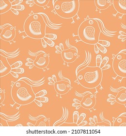 Birds pattern, Cute cartoon birds with white outline. poster decor. for textiles. Folk art birds decoration, retro