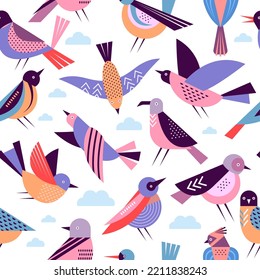 Birds pattern. Flying abstract birds stylized geometrical illustrations for textile designs recent vector templates set