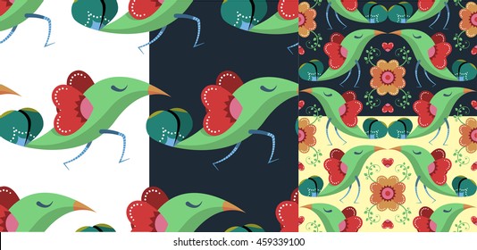 Birds Pattern in four options - Birds running and birds kissing on different background