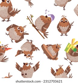Birds pattern. funny cartoon sparrows in different poses seamless background