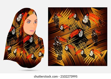 Birds pattern hijab design with illustration model, Scarf fabric texture
