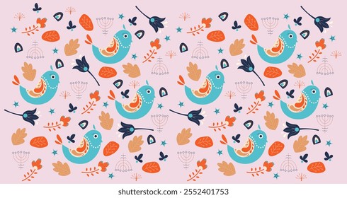 Birds Pattern with leaf and floral. Flower, Birds, Leaf, Vintage, Pattern for T-Shirt, Bag, Packaging, Cover Book, Fashion Product. Patern Illustration