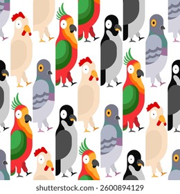Birds pattern seamless. funny Rooster and penguin background. Pigeon and parrot texture. Ornament of kids fabric