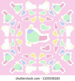 Birds pattern, stripes,  spots, dashed lines, tags . Hand drawn.