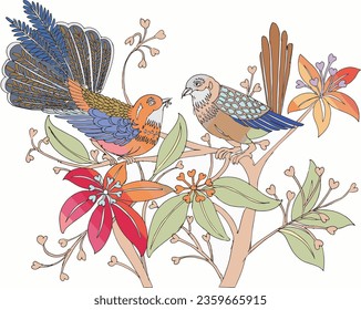 birds pattern with tree. seamless pattern vector