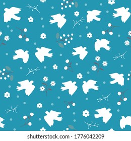 Birds pattern. Vintage background. Seamless background. Floral pattern. Birds. Nature ornament. Simple design. Fabric texture. Blue background.