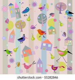 birds, pears, cottages