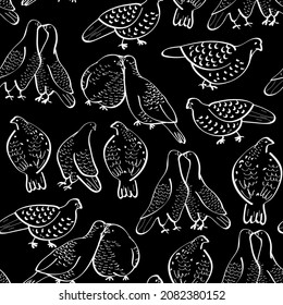 birds, pegion, animals hand drawn, chalk isolated seamless pattern on dark background. Concept for print, cards 