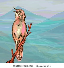 birds perched on tree branches with mountains in the background
