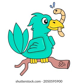 Birds are perching on tree branches carrying caterpillars to eat, vector illustration art. doodle icon image kawaii.