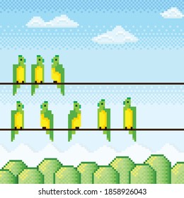 Birds pixel art. Vector picture.