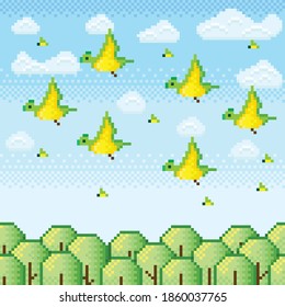 Birds pixel art. Vector picture.