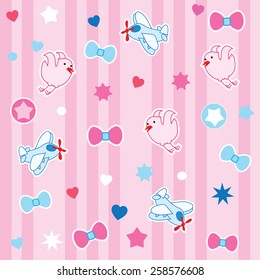 Birds and planes on a pink background. Nice childish background. Seamless pattern.