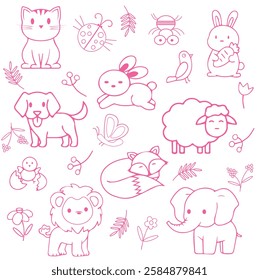 birds, plants, butterfly, flower, fox, dog, tiger, pink lamb