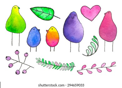 Birds and plants. Hand-drawn cartoon characters. Real watercolor drawing. Vector illustration.