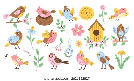 Birds and Plants Set. Collection of hand drawn flying singing perching finch songbird sparrow birdhouse nest flower leaf branch. Seasonal vector illustration