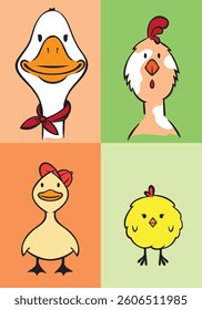 Birds portraits cartoon characters. Chicken, duck, chick, duckling