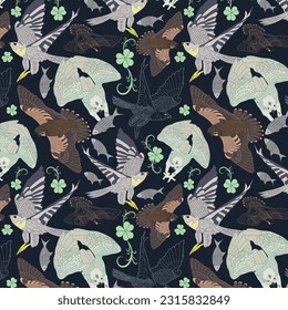Birds of prey vector repeat pattern on dark blue color background.