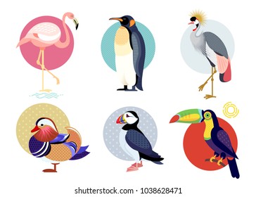 Aves, pato mandarín, flamencos, tocan, pingüino, secretario de pájaros aislado de fondo blanco. Vector ilustra animales. Conjunto de iconos planos.