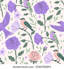 Birds and purple roses seamless pattern. Vector graphics.