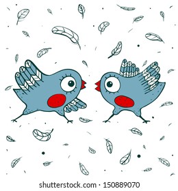 Birds Quarrel. Childish blue birdies and feathers. Vector EPS8.