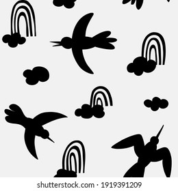 Birds and rainbows Boho seamless pattern in a minimal mid century modern style. Celestial Vector  design Template with organic grunge texture. For cosmetics, tattoo, Spa, social media