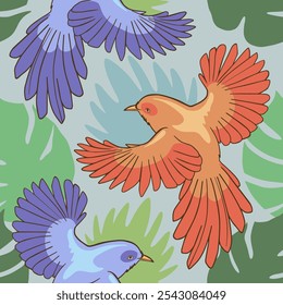 Birds in the rainforest. Decorative pattern element. Seamless texture. Vector illustration.