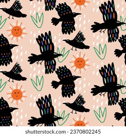 Birds Ravens Seamless Kids Pattern. Abstract Vector background for textile, fabric, wallpaper