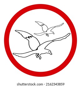 Birds, red round warning sign, vector illustration