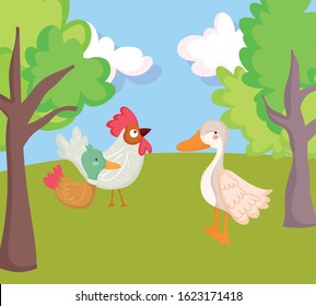 birds rooster duck goose trees grass farm animal cartoon vector illustration