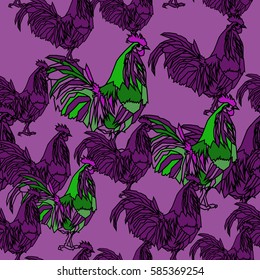 Birds rooster vector vivid color primitive drawing seamless pattern.