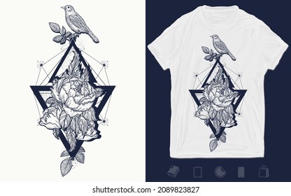Birds and rose flowers, tattoo and t-shirt design, geometrical style. Vector graphics template. Hand drawn illustration 