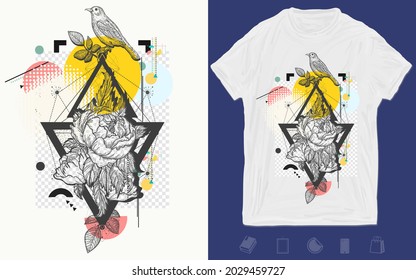 Birds and rose flowers. Zine culture concept. Hand drawn vector glitch tattoo, contemporary cyberpunk collage. T-shirt design. Creative print for clothes. Template for posters, textiles, apparels 