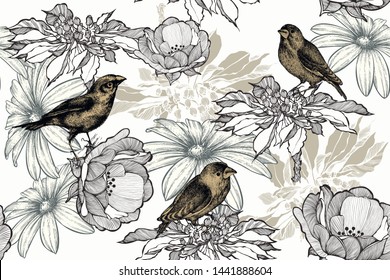 Birds with roses on a seamless, floral background. Seamless pattern, vector illustration.