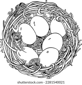 A bird's round nest with feathers and a clutch of six eggs