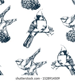 birds and Rowan, hand drawing vector illustration isolated on white background