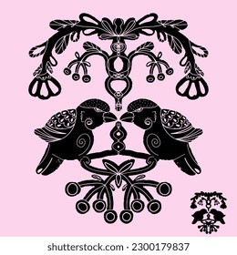 Birds and rowan. Stylized black symmetrical composition with birds on the branches. In the style of linocut. Scandinavian rustic ornament. Element for design