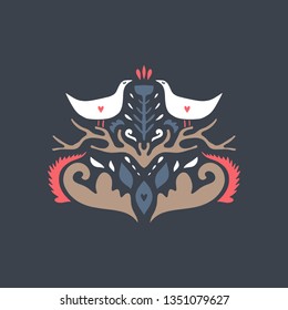 Birds in scandinavian style. Nordic folk ornament. Pattern with flower. Label, print. Vector illustration, clip art