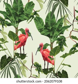 Birds Scarlet Ibis in the thickets of a flowering rainforest. Hand drown  illustration.