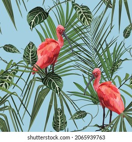 Birds Scarlet Ibis in the thickets of a palm rainforest. Hand drawn  illustration. Tropical jungle on blue background.