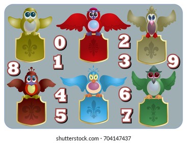 Birds with a scoreboard. Vector image of birds with shields. In the complete set of ten digits.