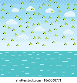 Birds and the sea pixel art. Vector picture.