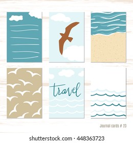 Birds, seagull, sea. Vector design templates for journal cards, scrapbooking cards, greeting cards, gift cards, patterns, blogging. Planner cards. Cute doodle. Printable templates set.