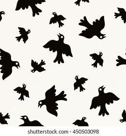 Birds seamless pattern, black and white texture. Vector seamless background