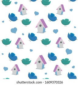 Birds seamless pattern in blue color. Cute birds, birdhouses, hearts illustrations. Cartoon style. Vector childish design. Prints, textile kids design. Kid fabric prints.