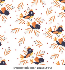 Birds seamless pattern with branch and berries. Vector